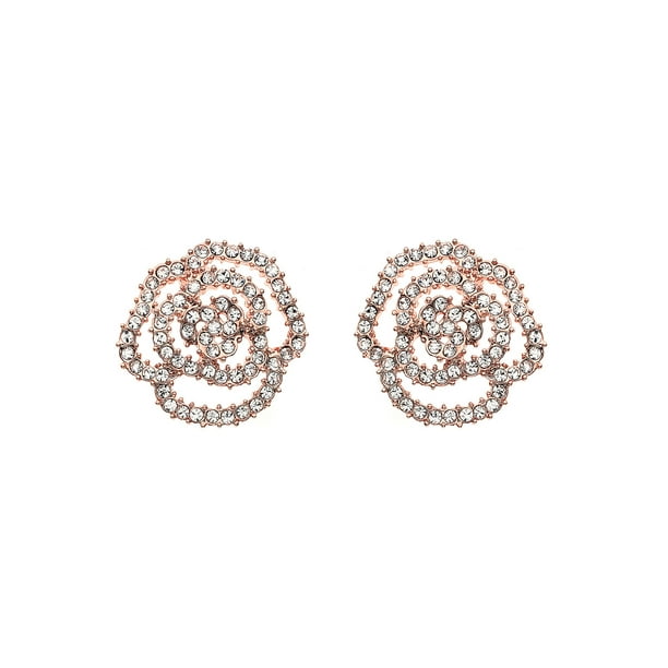 14K Gold Rose Gold or Rhodium Plated Rose Stud Earrings with Crystals 14K Gold Rose Gold or Rhodium Plated Rose Stud Earrings with Crystals